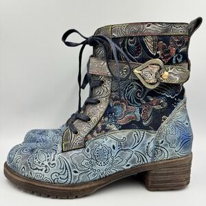 Socofy Womens Leather Heeled Boots Size 37 7 Embroidered Patchwork Hippie Boho